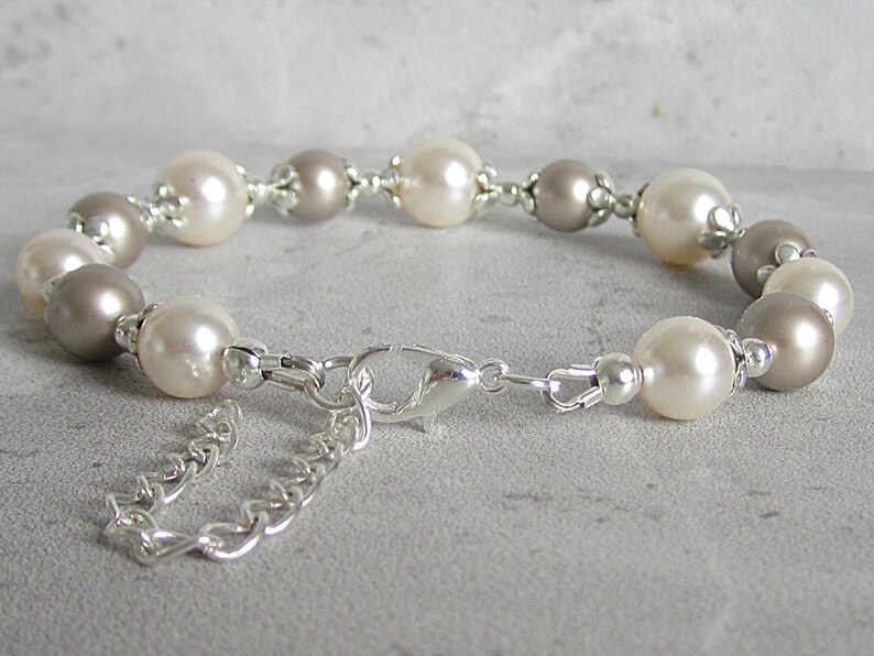 Taupe and Ivory Bridesmaid Bracelet, Taupe Wedding Pearl Jewellery, Beige Bridal Bracelets, Matching Pearl Sets, Platinum and Cream Rose image 9