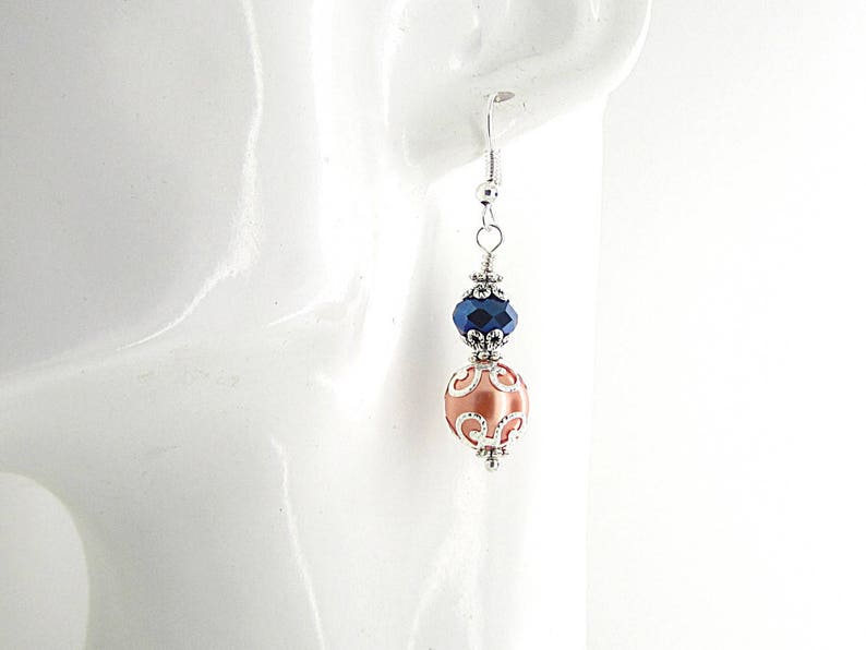 Peach and Navy Bridesmaid Earrings, Navy and Coral Bridesmaid Jewellery, Peach Wedding Jewellery, Crystal Bridal Sets, Beaded Pearl Drops image 9