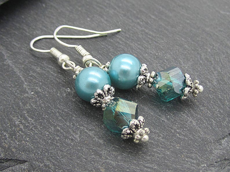 Teal Bridesmad Pearl Drop Earrings Bridesmaid Jewellery Bridal Pearl