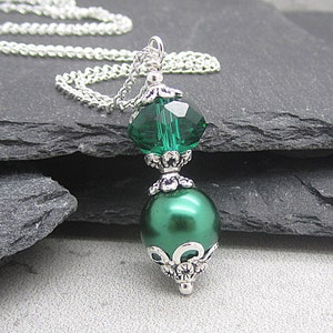 Emerald Green Pearl and Crystal Bridesmaid Necklace, Forest Wedding Jewellery, Dark Green Bridesmaid Gift Ideas, Matching Pearl Sets image 1