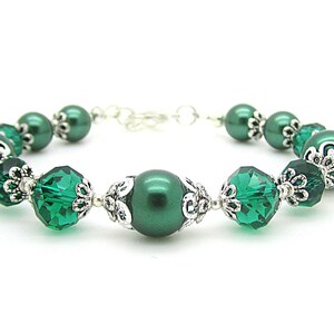 Emerald Green Pearl and Crystal Bridesmaid Bracelet, Forest Bridal Jewellery, Dark Green Wedding Bracelet, Rustic Inspired Bridal Sets image 7