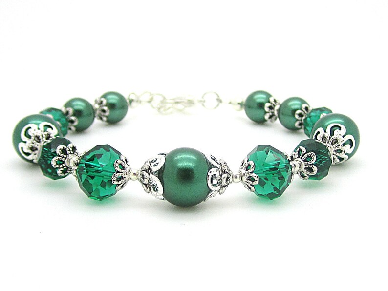 Emerald Green Pearl and Crystal Bridesmaid Bracelet, Forest Bridal Jewellery, Dark Green Wedding Bracelet, Rustic Inspired Bridal Sets image 7
