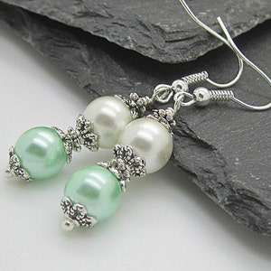 Mint Bridesmaid Earrings, Mint Ivory Wedding Jewellery, Pearl Drop Earrings, Crystal Dangles, Bridesmaid Gifts image 1