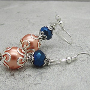 Peach and Navy Bridesmaid Earrings, Navy and Coral Bridesmaid Jewellery, Peach Wedding Jewellery, Crystal Bridal Sets, Beaded Pearl Drops image 4