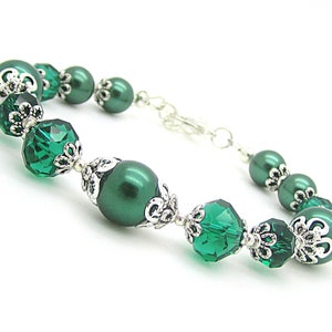 Emerald Green Pearl and Crystal Bridesmaid Bracelet, Forest Bridal Jewellery, Dark Green Wedding Bracelet, Rustic Inspired Bridal Sets image 4