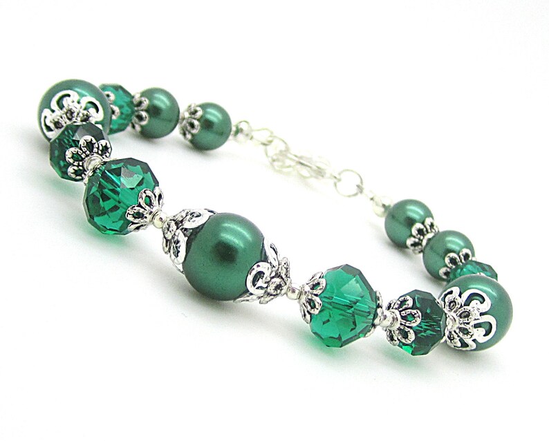 Emerald Green Pearl and Crystal Bridesmaid Bracelet, Forest Bridal Jewellery, Dark Green Wedding Bracelet, Rustic Inspired Bridal Sets image 4