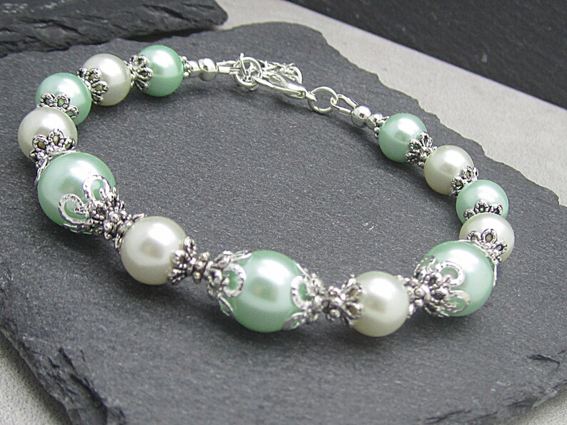 Mint and Ivory Bridesmaid Bracelet, Pearl Wedding Jewellery, Pale Green Bracelet, Mint Wedding, Bridesmaid Gift, Jewellery Sets image 2