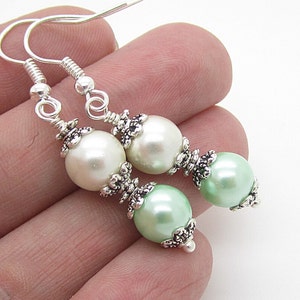 Mint Bridesmaid Earrings, Mint Ivory Wedding Jewellery, Pearl Drop Earrings, Crystal Dangles, Bridesmaid Gifts image 4