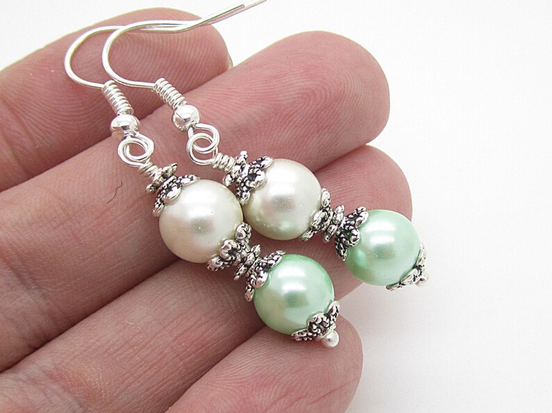 Mint Bridesmaid Earrings, Mint Ivory Wedding Jewellery, Pearl Drop Earrings, Crystal Dangles, Bridesmaid Gifts image 4