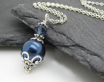 Navy Wedding Necklace, Midnight Blue Bridesmaid Jewellery, Pearl Bridal Sets, Dark Blue Wedding Accessories, Bridal Party Gifts,