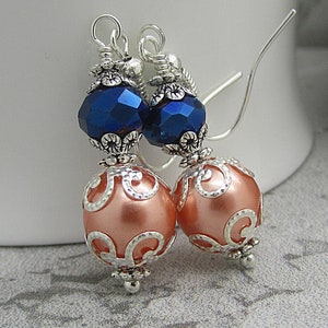 Peach and Navy Bridesmaid Earrings, Navy and Coral Bridesmaid Jewellery, Peach Wedding Jewellery, Crystal Bridal Sets, Beaded Pearl Drops image 3