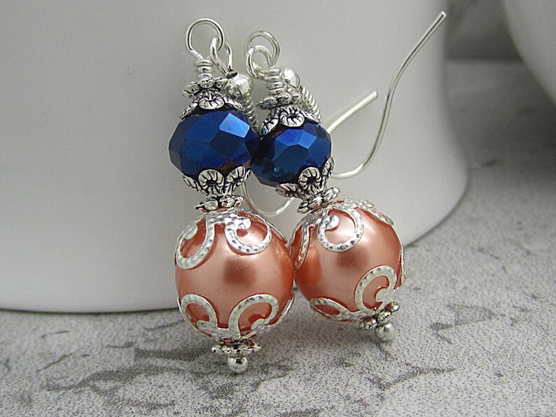 Peach and Navy Bridesmaid Earrings, Navy and Coral Bridesmaid Jewellery, Peach Wedding Jewellery, Crystal Bridal Sets, Beaded Pearl Drops image 3