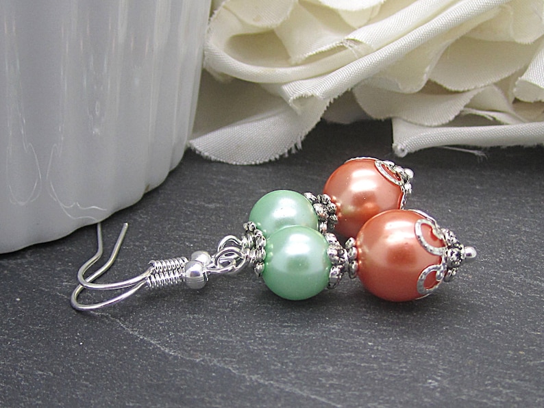 Coral Mint Pearl Drop Earrings, Peach Green Bridesmaid Jewellery, Mint Wedding, Bridesmaid Gifts, Pearl Dangles image 1