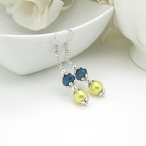 Yellow and Navy Wedding Earrings Navy and Yellow Bridesmaid Jewellery Pearl Drop Earrings Bridesmaid Sets Bridal Party Gifts Canary and Blue image 10