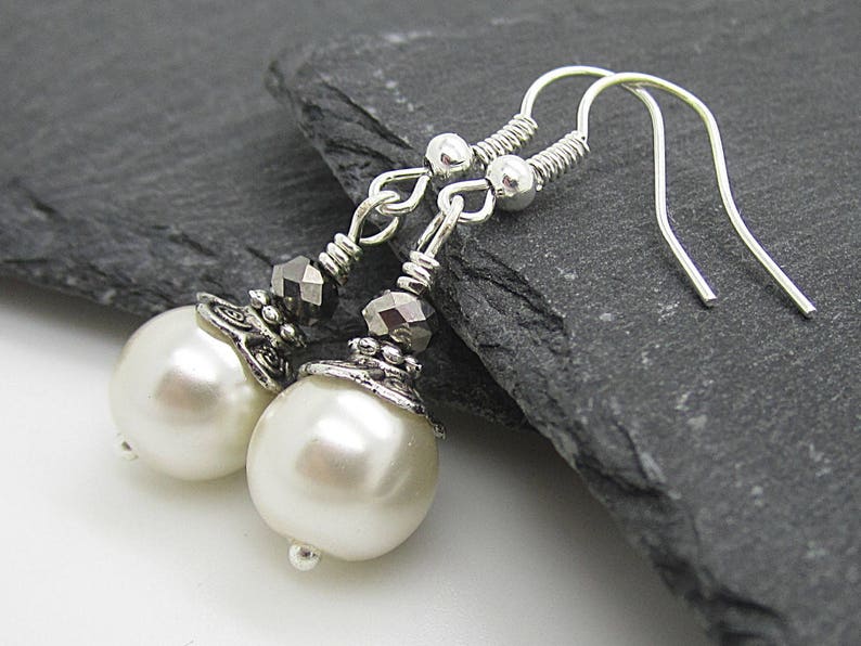 Ivory Pearl Earrings, Bridesmaid Jewellery, Bridal Party Gifts, Ivory and Silver Wedding Jewellery, Simple Earrings image 1