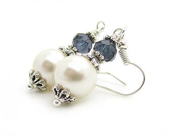 Navy Bridesmaid Earrings, Ivory Pearl Drops, Dark Blue Bridesmaid Jewellery, Ivory Navy Wedding, Bridal Party Gifts, Crystal Dangles,