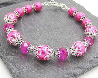 Hot Pink Bridesmaid Jewellery Bright Pink Pearl Bracelet Crystal Bridal Jewellery Bridal Party Gift Bright Pink Wedding, Fushia Bridesmaids