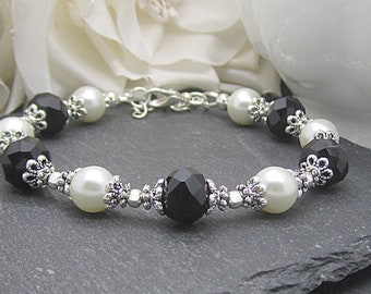 Black Ivory Pearl and Crystal Bracelet, Black Crystal Bridesmaid Jewellery, Wedding Sets, Bridal Party Gifts, Ivory Black Wedding