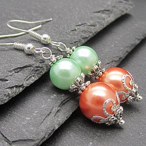 Coral Mint Pearl Drop Earrings, Peach Green Bridesmaid Jewellery, Mint Wedding, Bridesmaid Gifts, Pearl Dangles image 6