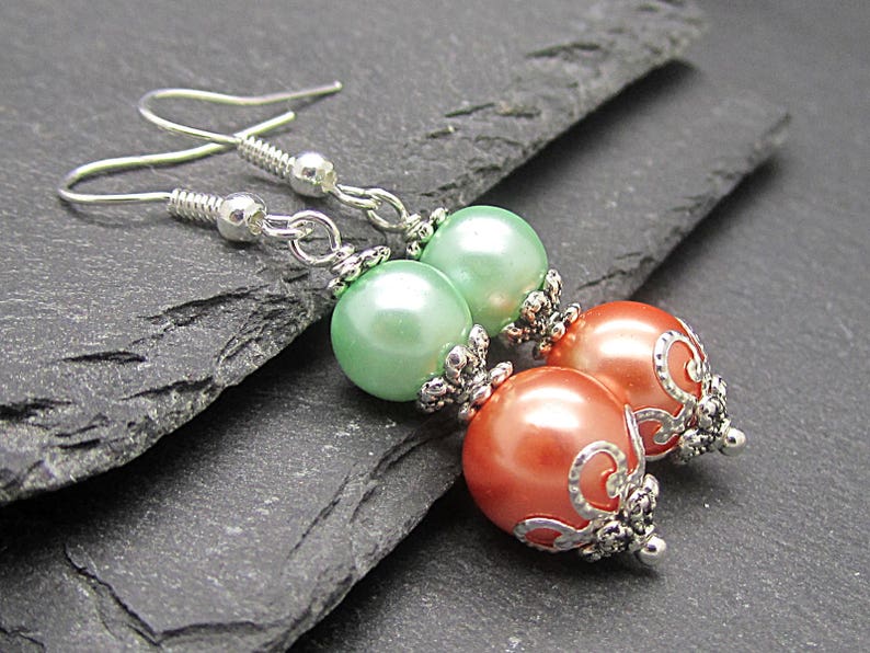 Coral Mint Pearl Drop Earrings, Peach Green Bridesmaid Jewellery, Mint Wedding, Bridesmaid Gifts, Pearl Dangles image 6