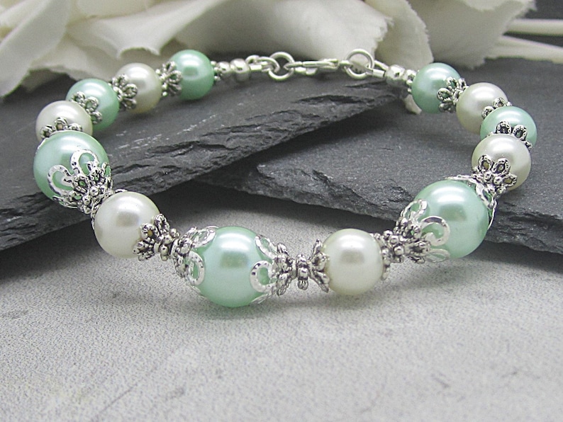 Mint and Ivory Bridesmaid Bracelet, Pearl Wedding Jewellery, Pale Green Bracelet, Mint Wedding, Bridesmaid Gift, Jewellery Sets image 1