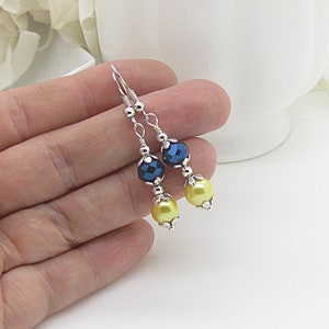 Yellow and Navy Wedding Earrings Navy and Yellow Bridesmaid Jewellery Pearl Drop Earrings Bridesmaid Sets Bridal Party Gifts Canary and Blue image 4