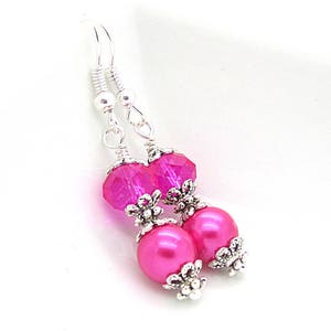 Bright Pink Bridesmaid Earrings, Hot Pink Bridal Jewellery, Pearl Drop Earrings, Fushia Bridesmaids, Pink Bridesmaid Sets, Bridal Party Gift 画像 9