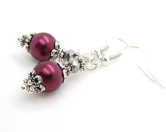 Dark Red Bridesmaid Earrings, Faceted Crystal Dangles, Burgundy Pearl Wedding Jewellery, Red Pearl Drops, Bridesmaid Gift, Deep Red Wedding