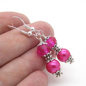 Bright Pink Bridesmaid Earrings, Hot Pink Bridal Jewellery, Pearl Drop Earrings, Fushia Bridesmaids, Pink Bridesmaid Sets, Bridal Party Gift 画像 5