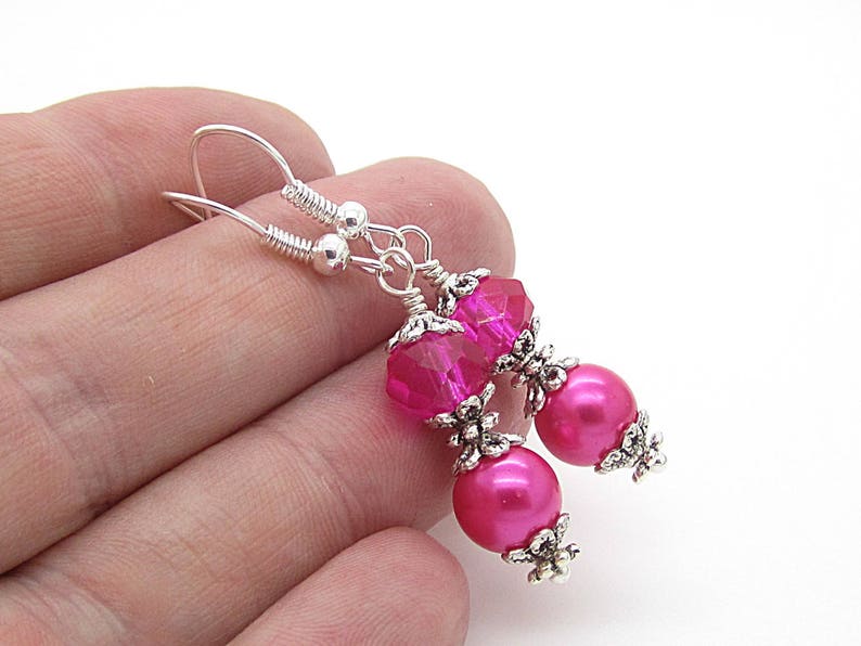 Bright Pink Bridesmaid Earrings, Hot Pink Bridal Jewellery, Pearl Drop Earrings, Fushia Bridesmaids, Pink Bridesmaid Sets, Bridal Party Gift image 5