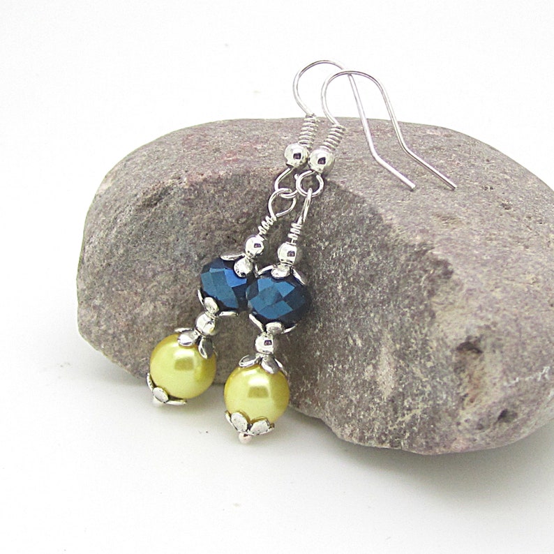 Yellow and Navy Wedding Earrings Navy and Yellow Bridesmaid Jewellery Pearl Drop Earrings Bridesmaid Sets Bridal Party Gifts Canary and Blue image 3