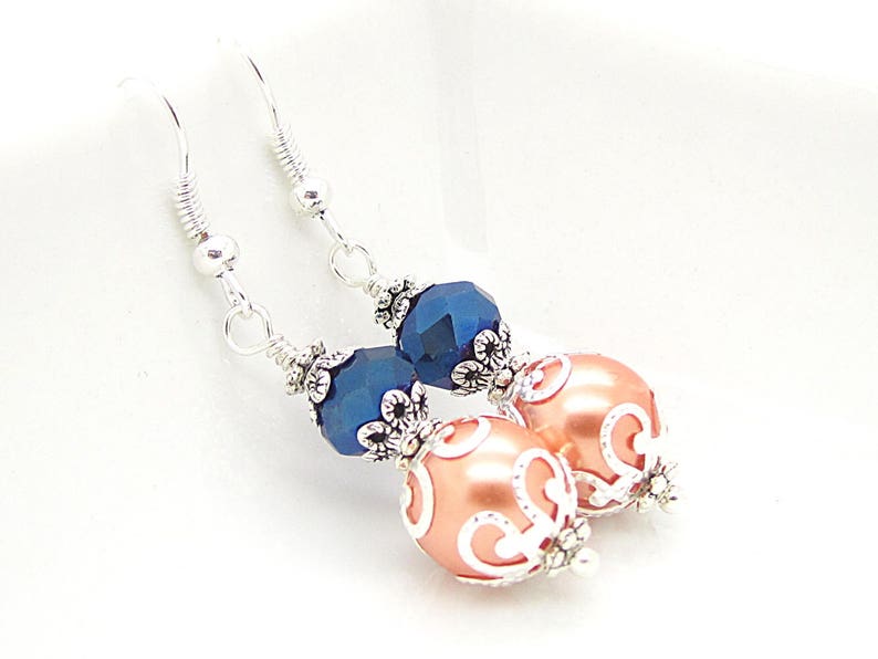 Peach and Navy Bridesmaid Earrings, Navy and Coral Bridesmaid Jewellery, Peach Wedding Jewellery, Crystal Bridal Sets, Beaded Pearl Drops image 8