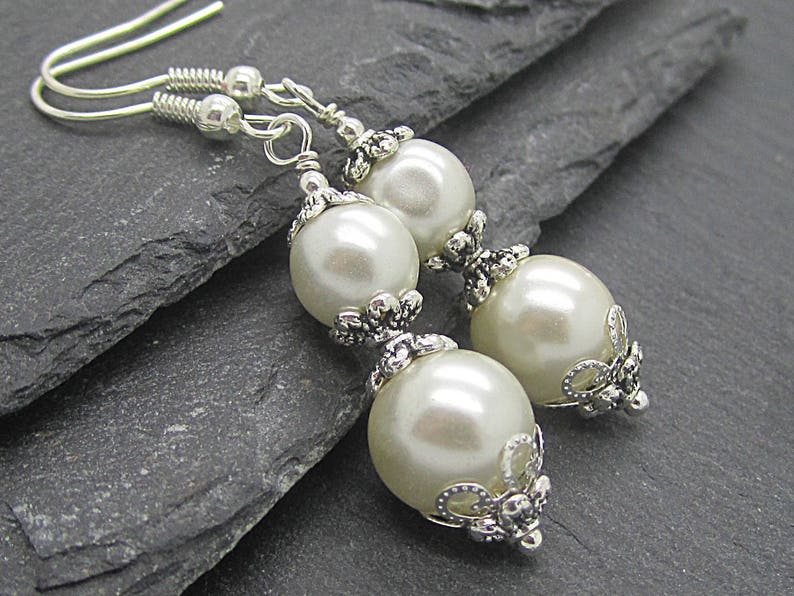 Ivory Pearl Drop Wedding Earrings, Bridesmaid Earrings, Pearl Dangle Bridal Earrings, Bridesmaid Gift Set, Bridal Jewellery, Simple Earrings image 1