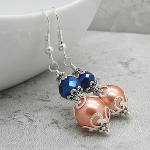 Peach and Navy Bridesmaid Earrings, Navy and Coral Bridesmaid Jewellery, Peach Wedding Jewellery, Crystal Bridal Sets, Beaded Pearl Drops image 2