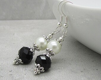 Pearl and Crystal Earrings, Black and Ivory Jewellery, Bridesmaid Sets, Bridal Party Gifts, Pearl Drops, Crystal Dangles, Ivory and Black