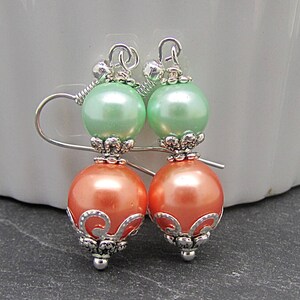 Coral Mint Pearl Drop Earrings, Peach Green Bridesmaid Jewellery, Mint Wedding, Bridesmaid Gifts, Pearl Dangles image 3