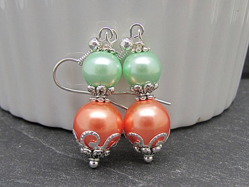 Coral Mint Pearl Drop Earrings, Peach Green Bridesmaid Jewellery, Mint Wedding, Bridesmaid Gifts, Pearl Dangles image 3