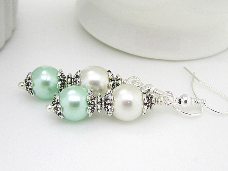 Mint Bridesmaid Earrings, Mint Ivory Wedding Jewellery, Pearl Drop Earrings, Crystal Dangles, Bridesmaid Gifts image 2