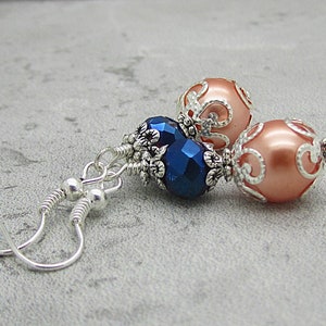 Peach and Navy Bridesmaid Earrings, Navy and Coral Bridesmaid Jewellery, Peach Wedding Jewellery, Crystal Bridal Sets, Beaded Pearl Drops image 5