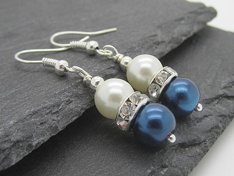 Navy Wedding Pearl Drop Earrings, Navy Bridesmaid Jewellery, Midnight Blue Bridal Sets, Ivory Navy Wedding, Bridal Party Gift, Matching Sets image 3