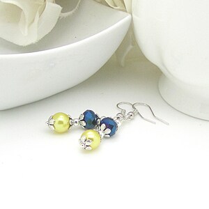 Yellow and Navy Wedding Earrings Navy and Yellow Bridesmaid Jewellery Pearl Drop Earrings Bridesmaid Sets Bridal Party Gifts Canary and Blue image 9