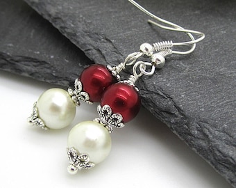 Ivory and Claret Pearl Drop Earrings, Bridesmaid Jewellery,  Burgundy Wedding Earrings, Dark Red Pearl Dangles,  Bridesmaid Gift Idea,