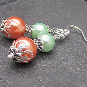 Coral Mint Pearl Drop Earrings, Peach Green Bridesmaid Jewellery, Mint Wedding, Bridesmaid Gifts, Pearl Dangles image 5