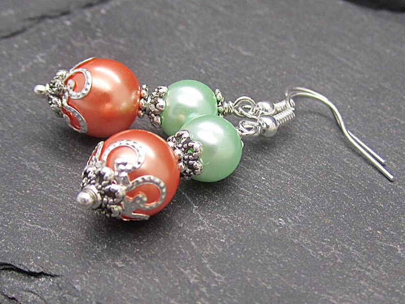 Coral Mint Pearl Drop Earrings, Peach Green Bridesmaid Jewellery, Mint Wedding, Bridesmaid Gifts, Pearl Dangles image 5