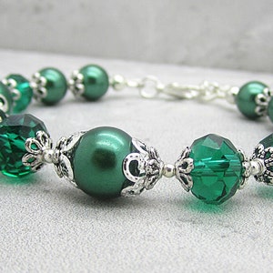 Emerald Green Pearl and Crystal Bridesmaid Bracelet, Forest Bridal Jewellery, Dark Green Wedding Bracelet, Rustic Inspired Bridal Sets image 5