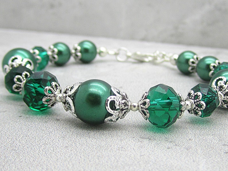 Emerald Green Pearl and Crystal Bridesmaid Bracelet, Forest Bridal Jewellery, Dark Green Wedding Bracelet, Rustic Inspired Bridal Sets image 5