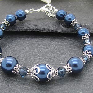 Navy Bridesmaid Bracelet, Midnight Blue Wedding Jewellery, Gift For Bridesmaid, Dark Blue Bridal Bracelet, Pearl Wedding Jewellery, image 4