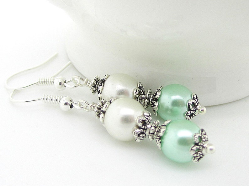 Mint Bridesmaid Earrings, Mint Ivory Wedding Jewellery, Pearl Drop Earrings, Crystal Dangles, Bridesmaid Gifts image 3