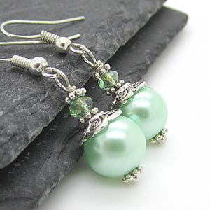 Mint Green Pearl Earrings, Mint Bridesmaid Jewellery, Pastel Wedding, Bridal Party Gifts, Pearl Drop Earrings, Small Pearl Earrings, image 1