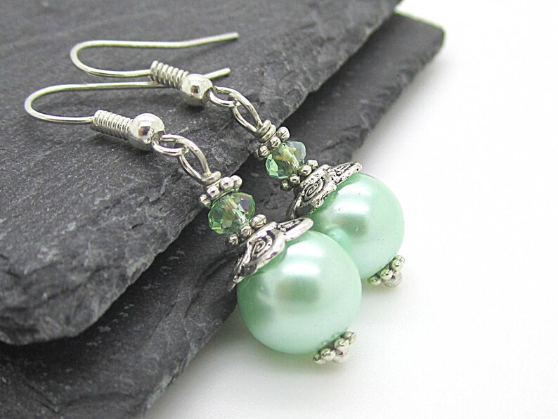 Mint Green Pearl Earrings, Mint Bridesmaid Jewellery, Pastel Wedding, Bridal Party Gifts, Pearl Drop Earrings, Small Pearl Earrings, image 1